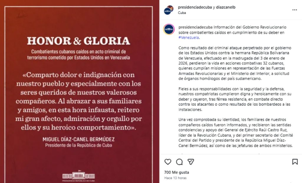 declaración de Cuba por caídos en ataque a Maduro