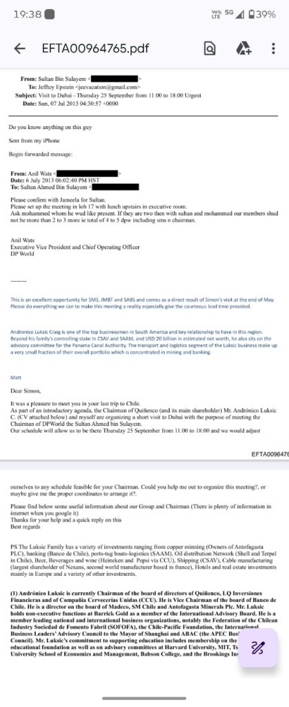 Mail en que se hace mención Andrónico Luksic