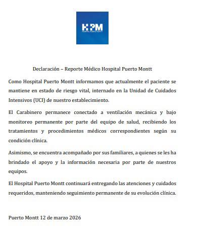 Revelan parte médico de carabinero baleado en Puerto Varas: está conectado a ventilación mecánica