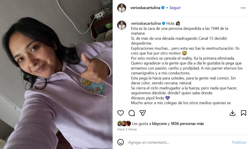 Periodista Verioska Venegas fue despedida de Canal 13