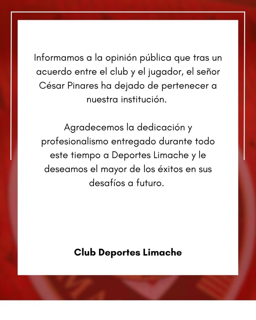 Deportes Limache cnfirmó salida de César Pinares