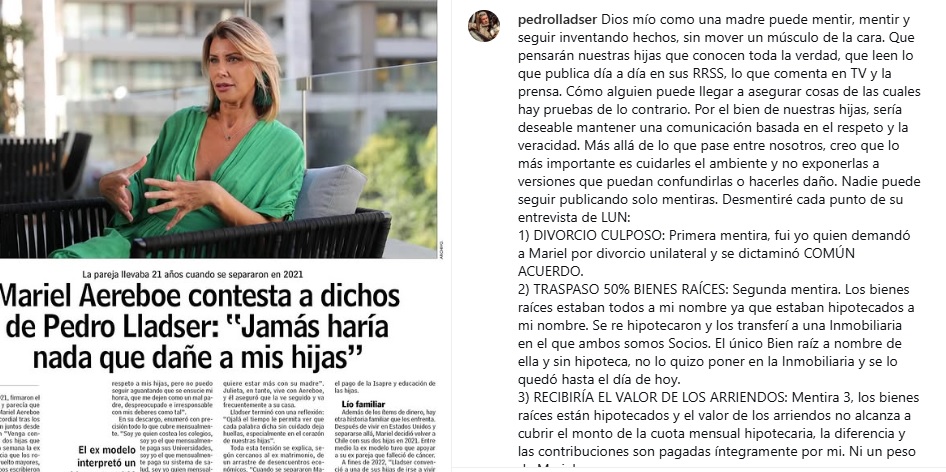 Pedro Lladser volvió a arremeter contra su exesposa Mariel Aereboe