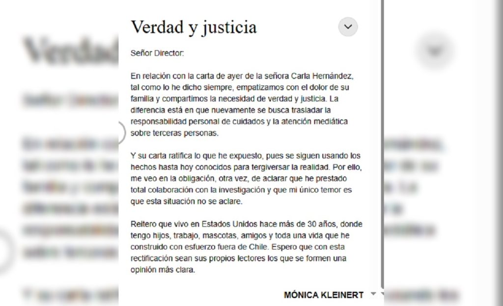 Carta de Mónica Kleinert por desaparición de María Ercira Contreras