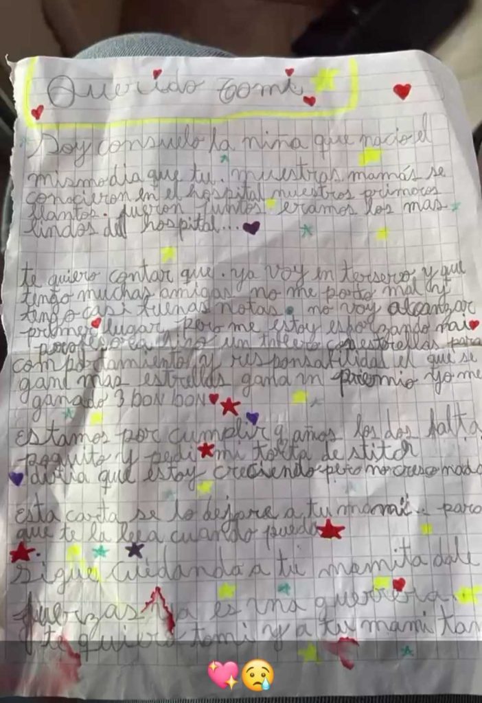 Madre de Tomás Bravo emocionó con conmovdora carta de niña de 8 años a su hijo