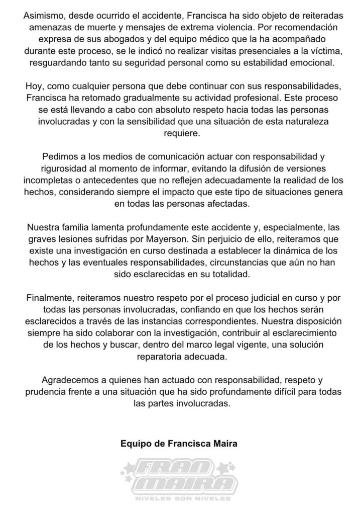 Fran Maira respondió al padre de joven atropellado por influencer
