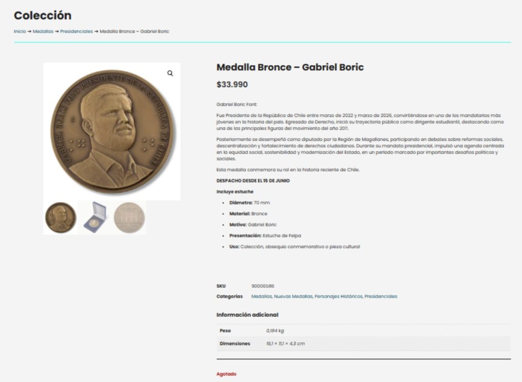 Medalla de Gabriel Boric en Casa de Moneda