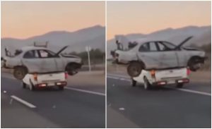Video muestra riesgosa maniobra en ruta de Coquimbo: transportaban un auto sobre camioneta