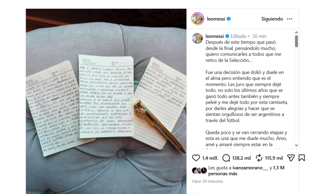 Lionel Messi anuncia su retiro de la Selección Argentina con emotiva carta: "Me duele mucho"