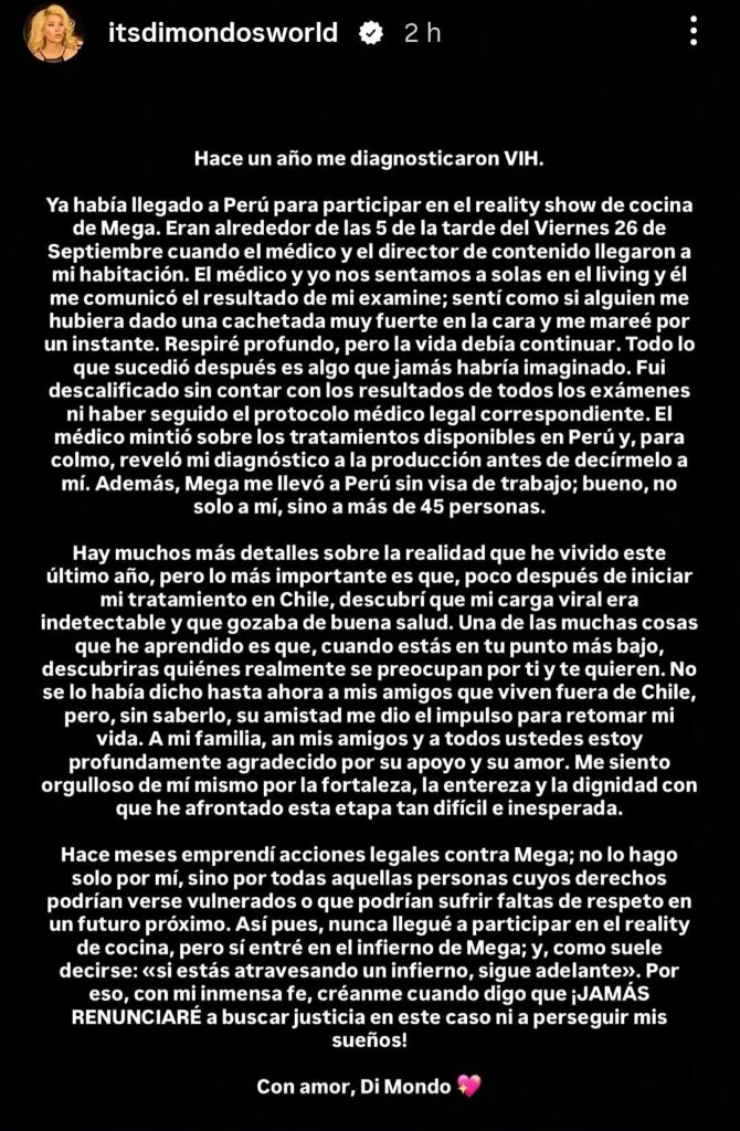 Di Mondo y su desahogo a un año de su diagnóstico de VIH
