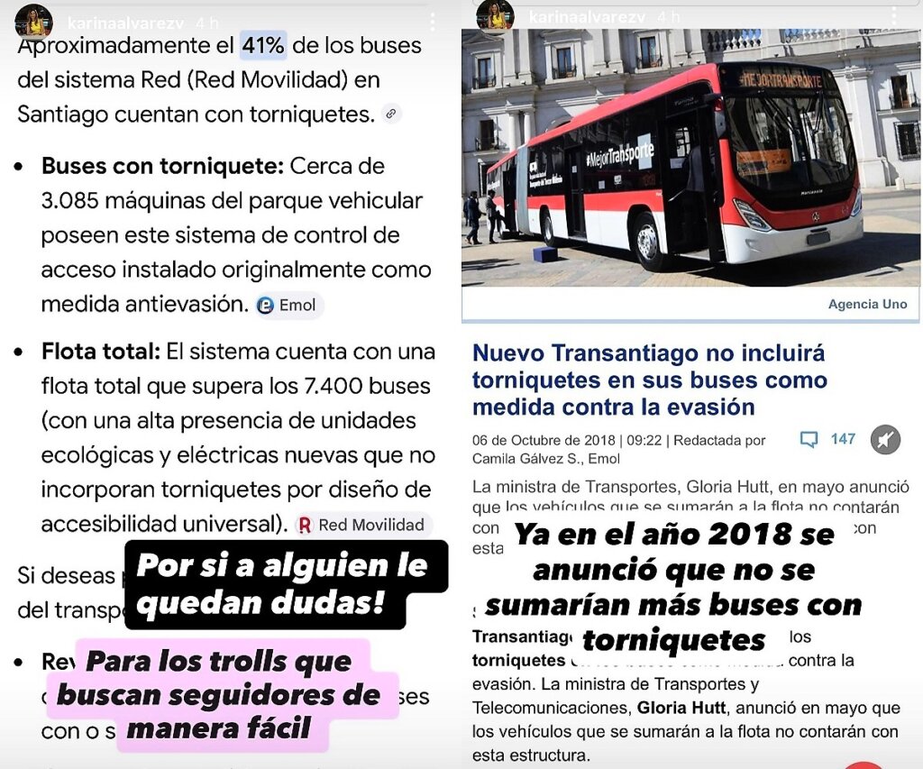 Karina Álvarez respondió a haters por sus dichos sobre torniquetes en buses RED