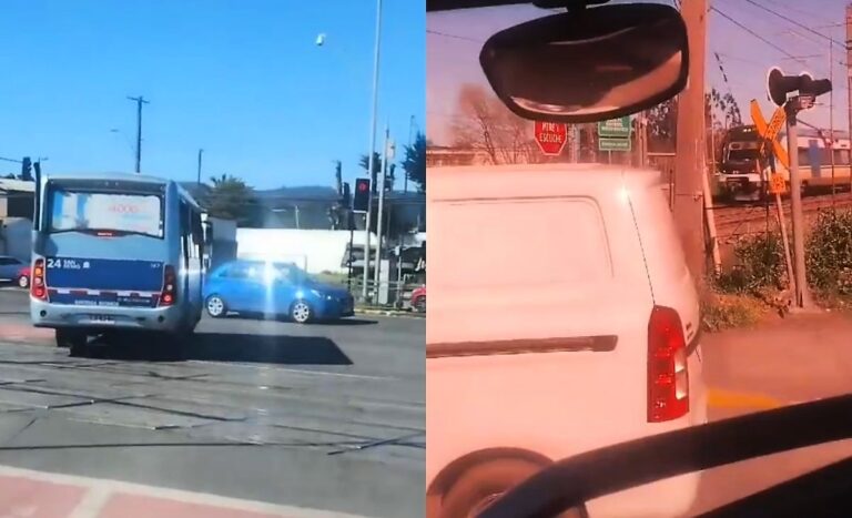Video muestra micro cruzando con barreras abajo y queda a metros del Biotren en San Pedro de la Paz