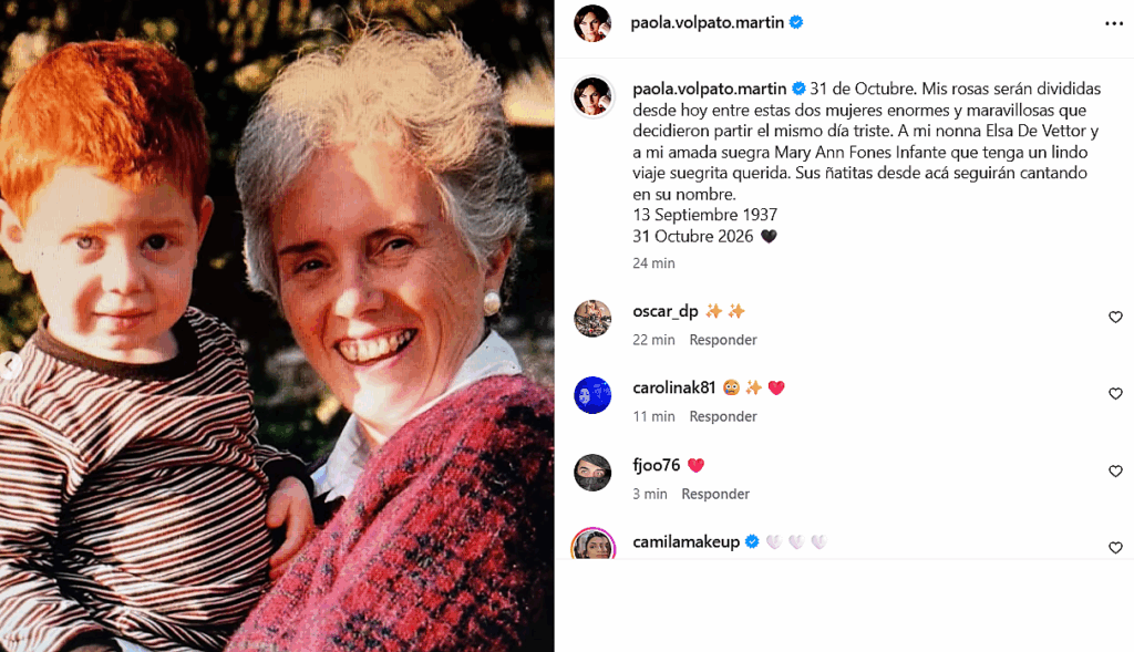 Paola Volpato despidió con tierno mensaje a su suegra, madre de Felipe Castro.