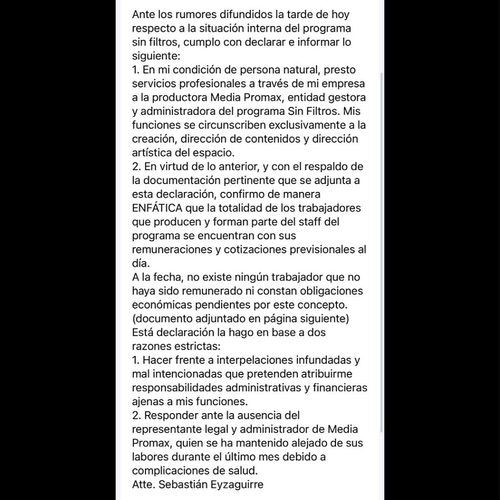 Sebastián Eyzaguirre rompe el silencio ante supuesto fin de Sin Filtros y niega acusaciones